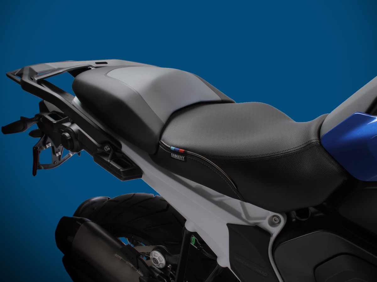 Sargent World Sport Aftermarket Motorcycle Seat for the 2023+ BMW R 1300 GS front seat with DTX/GZ and black welt shown on the bike with the OEM rear.
